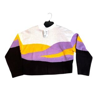 H&M Divided Jacquard-Knit purple and cream landscape mock neck sweater size M